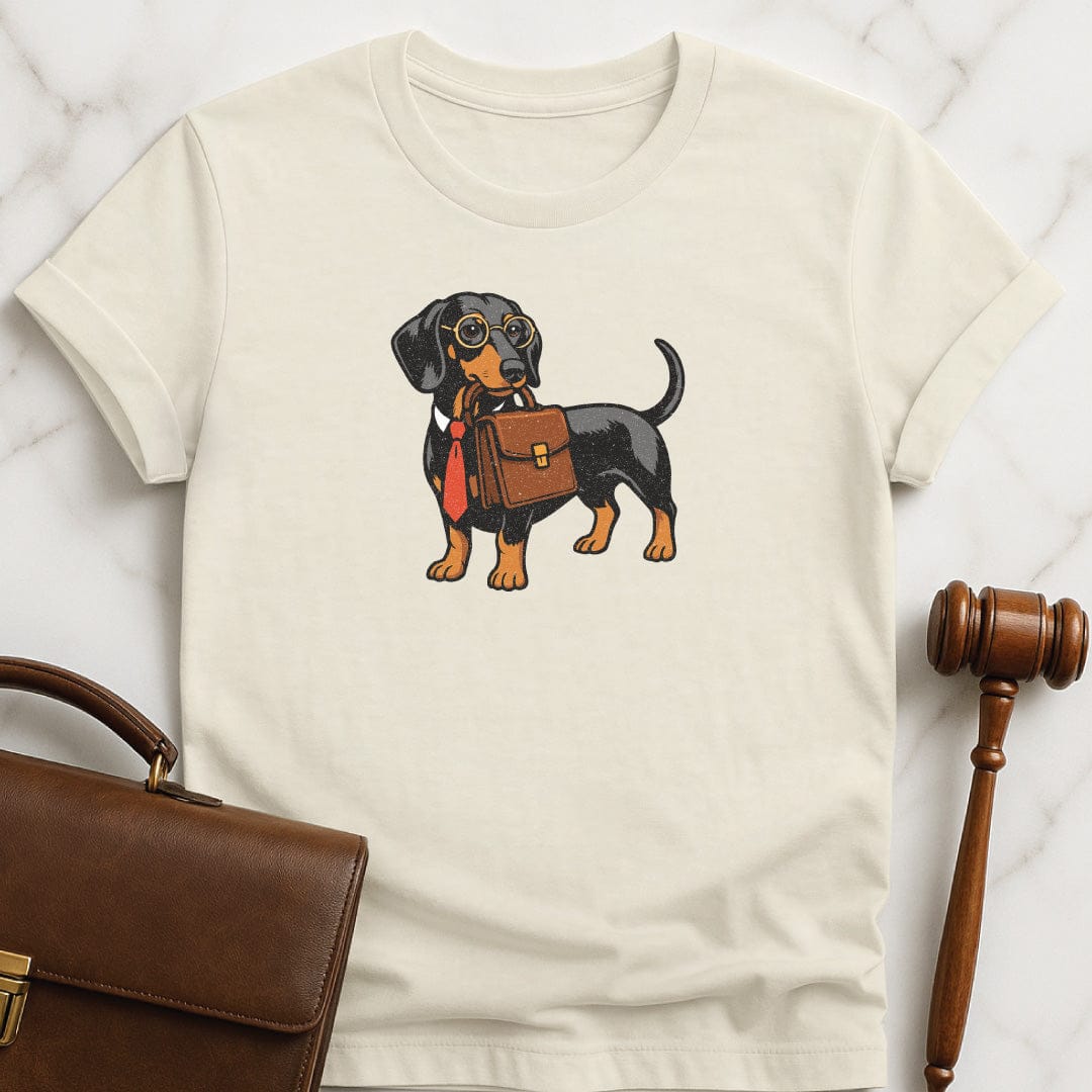 cute attorney t-shirt featuring dachshund dog lawyer carrying a briefcase and wearing a tie in cream
