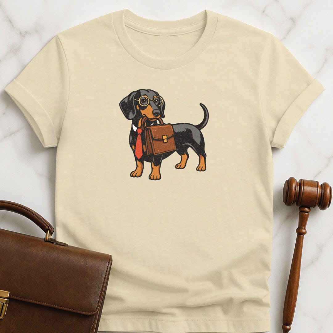 cute law graduate graphic tshirt featuring dachshund dog lawyer carrying a briefcase and wearing a tie in cream