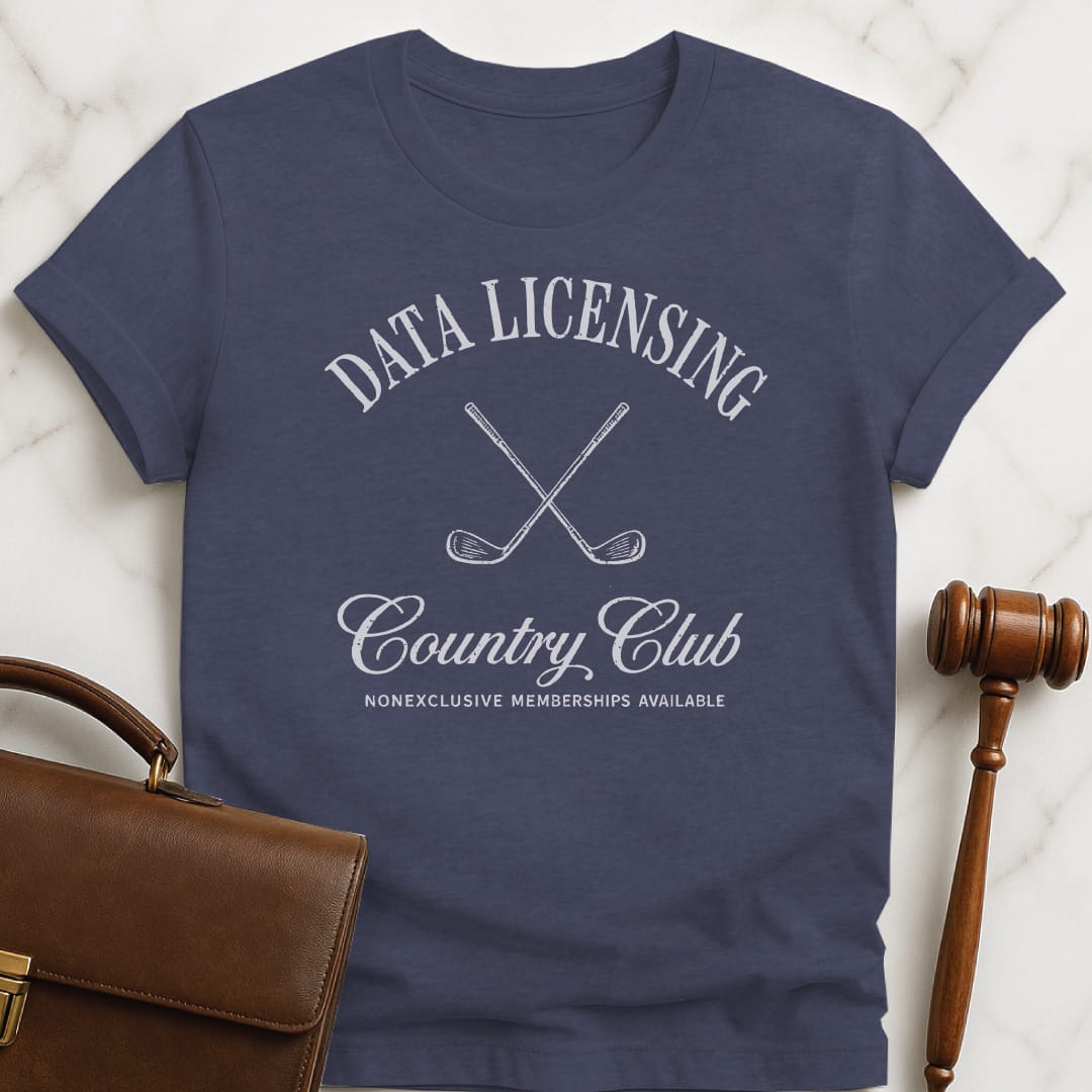 funny law school t-shirt that says Data Licensing Country Club Non Exclusive Memberships Available featuring golf clubs in heather blue