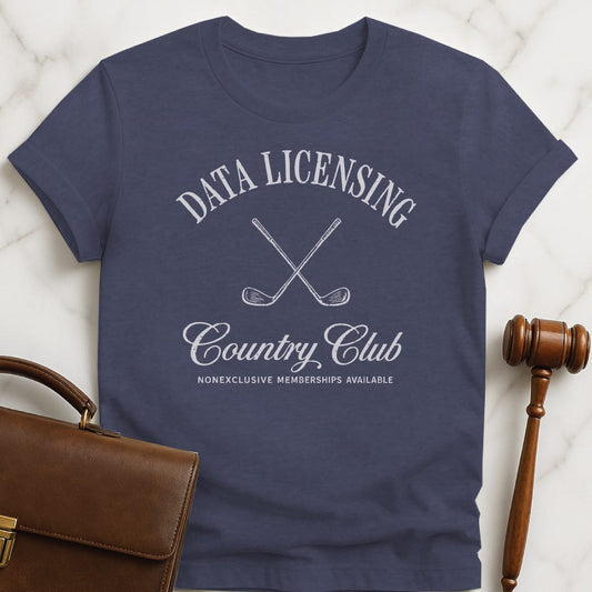 funny law school t-shirt that says Data Licensing Country Club Non Exclusive Memberships Available featuring golf clubs in heather blue