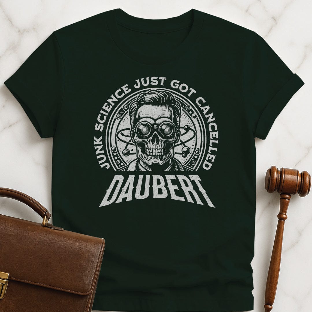 funny law school grad tee that says Daubert Junk Science Just Got Cancelled featuring mad scientist skeleton in green