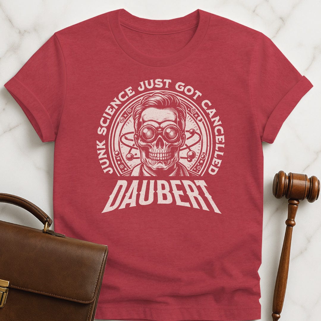 cool law school graduate graphic t-shirt that says Daubert Junk Science Just Got Cancelled featuring mad scientist skeleton in heather red