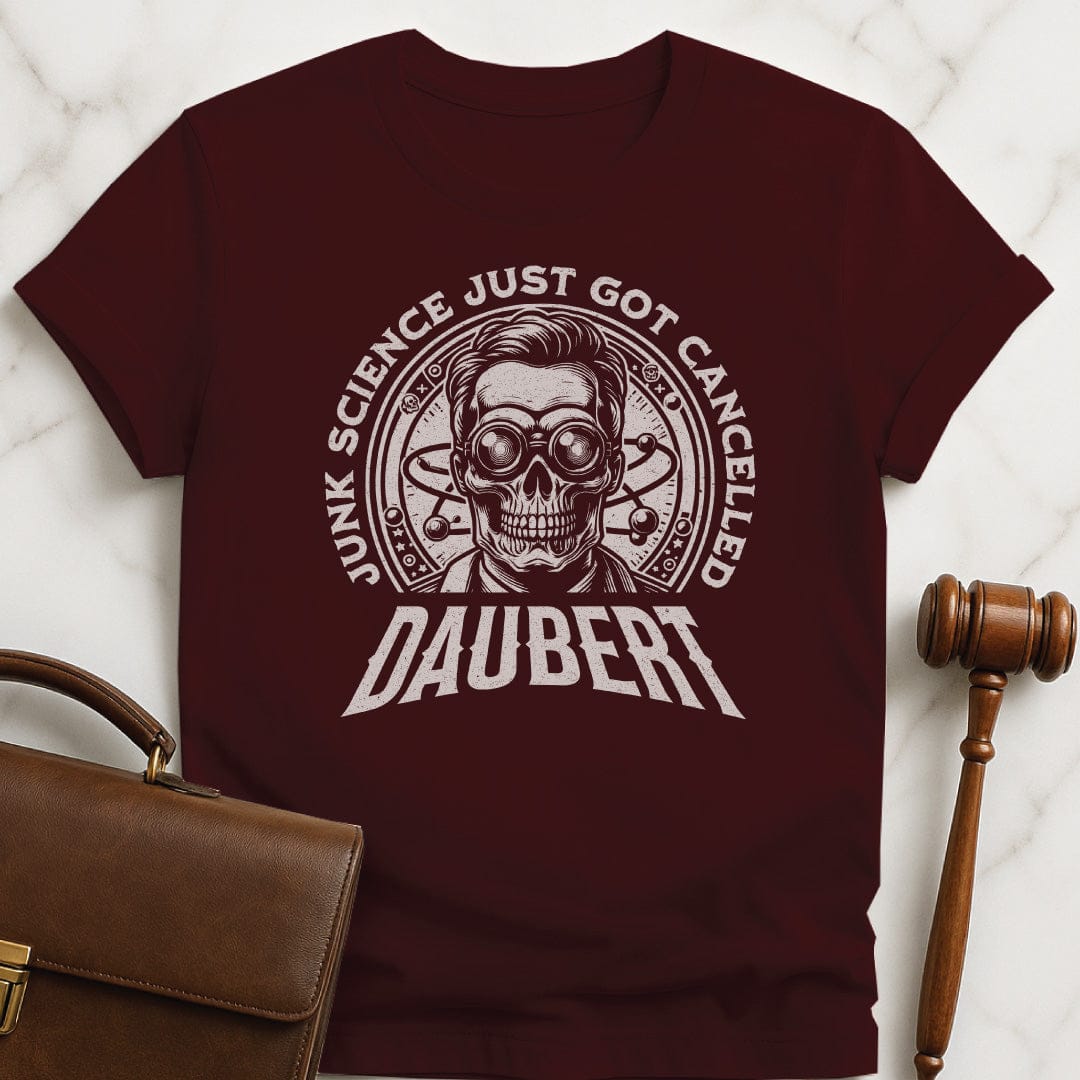 funny law graduate graphic t shirt that says Daubert Junk Science Just Got Cancelled featuring mad scientist skeleton in brown