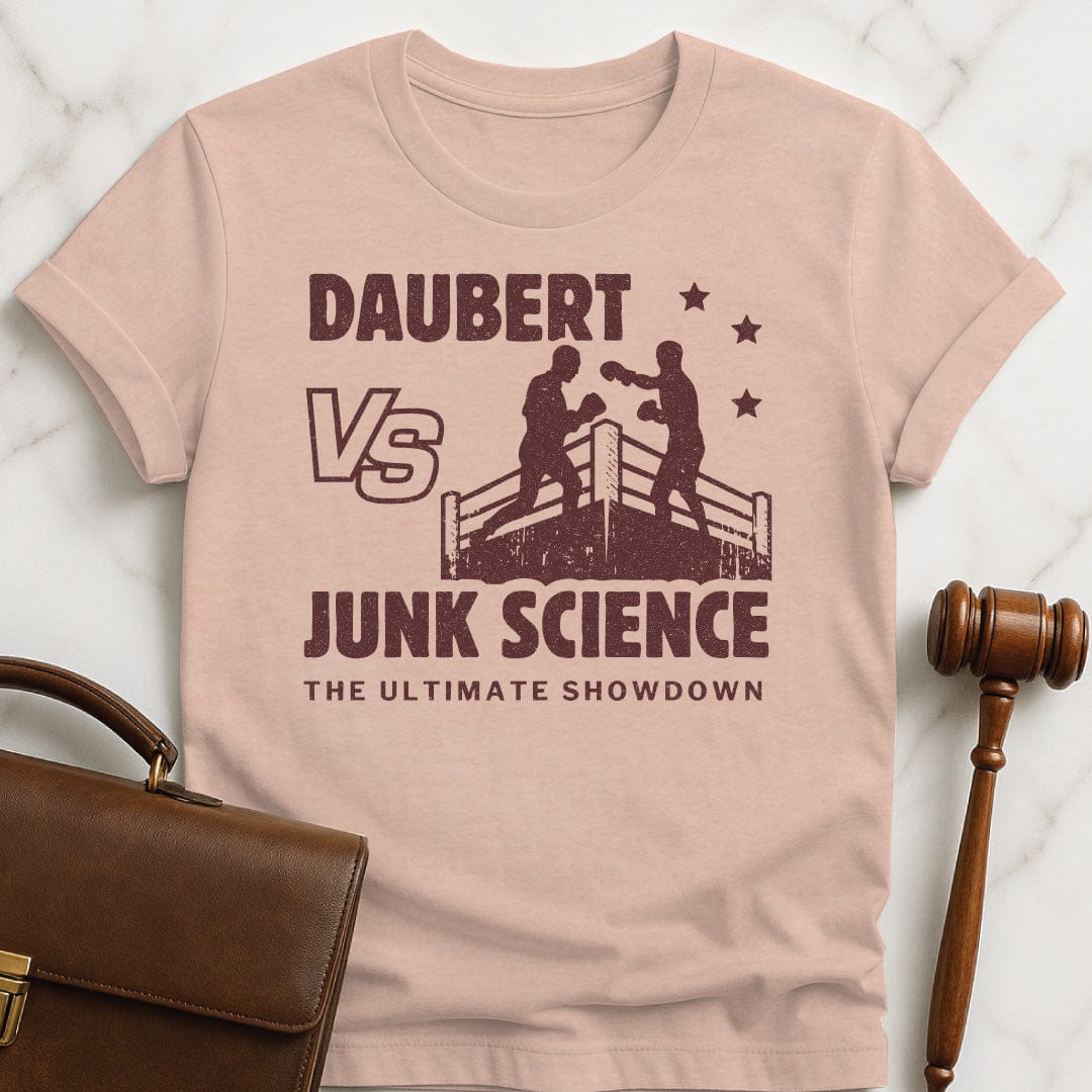 funny law graduate graphic tshirt that says Daubert v Junk Science the Ultimate Showdown featuring boxing ring in heather peach