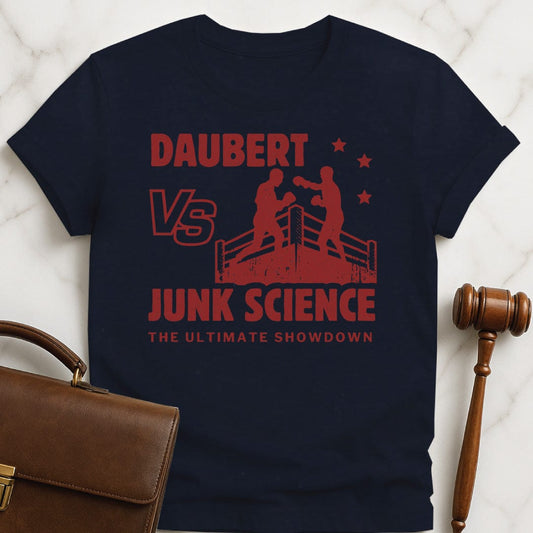 funny law student graphic t-shirt that says Daubert v Junk Science the Ultimate Showdown featuring boxing ring in blue