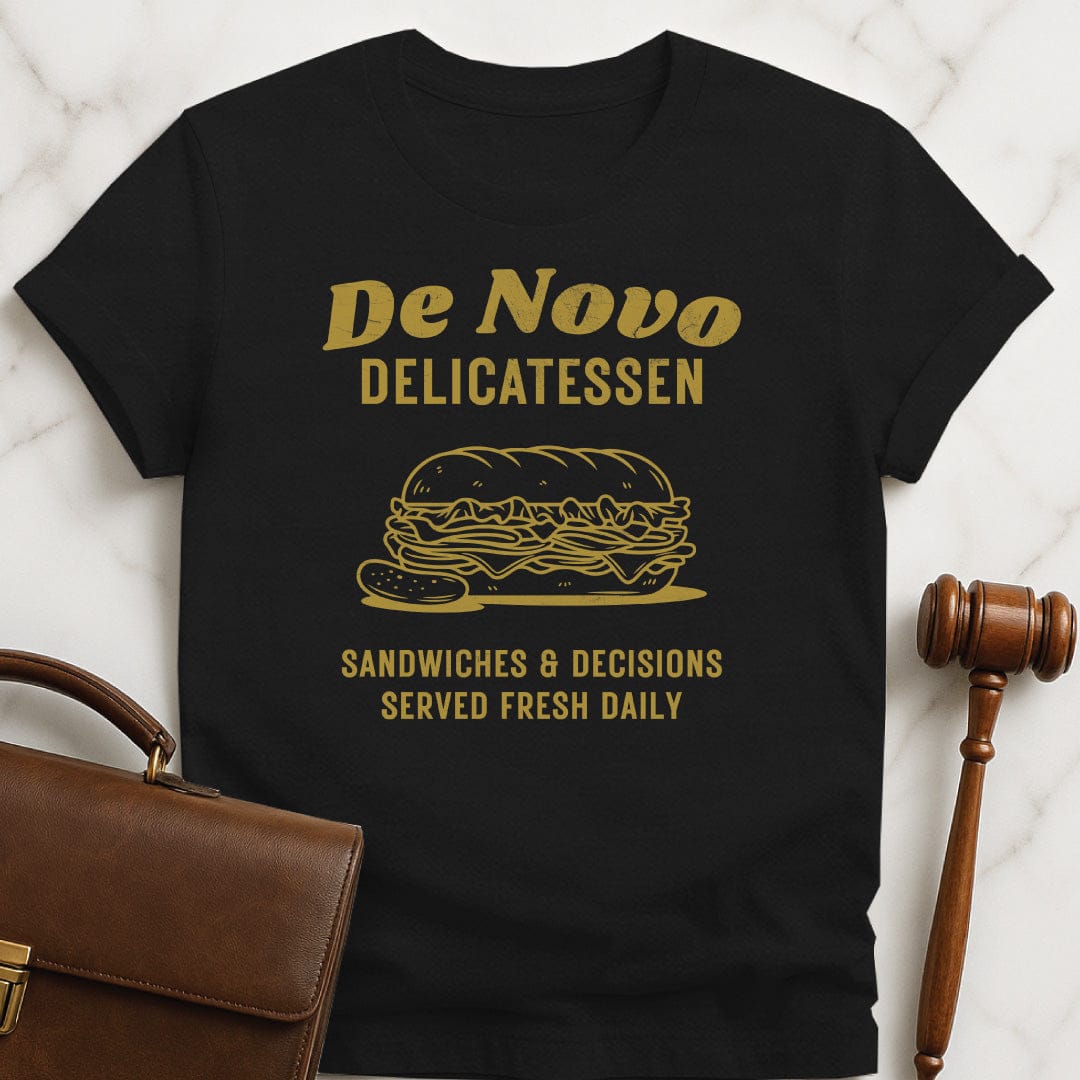 funny new attorney graphic t-shirt that says De Novo Delicatessen sandwiches and decisions served fresh daily featuring deli sandwich in black