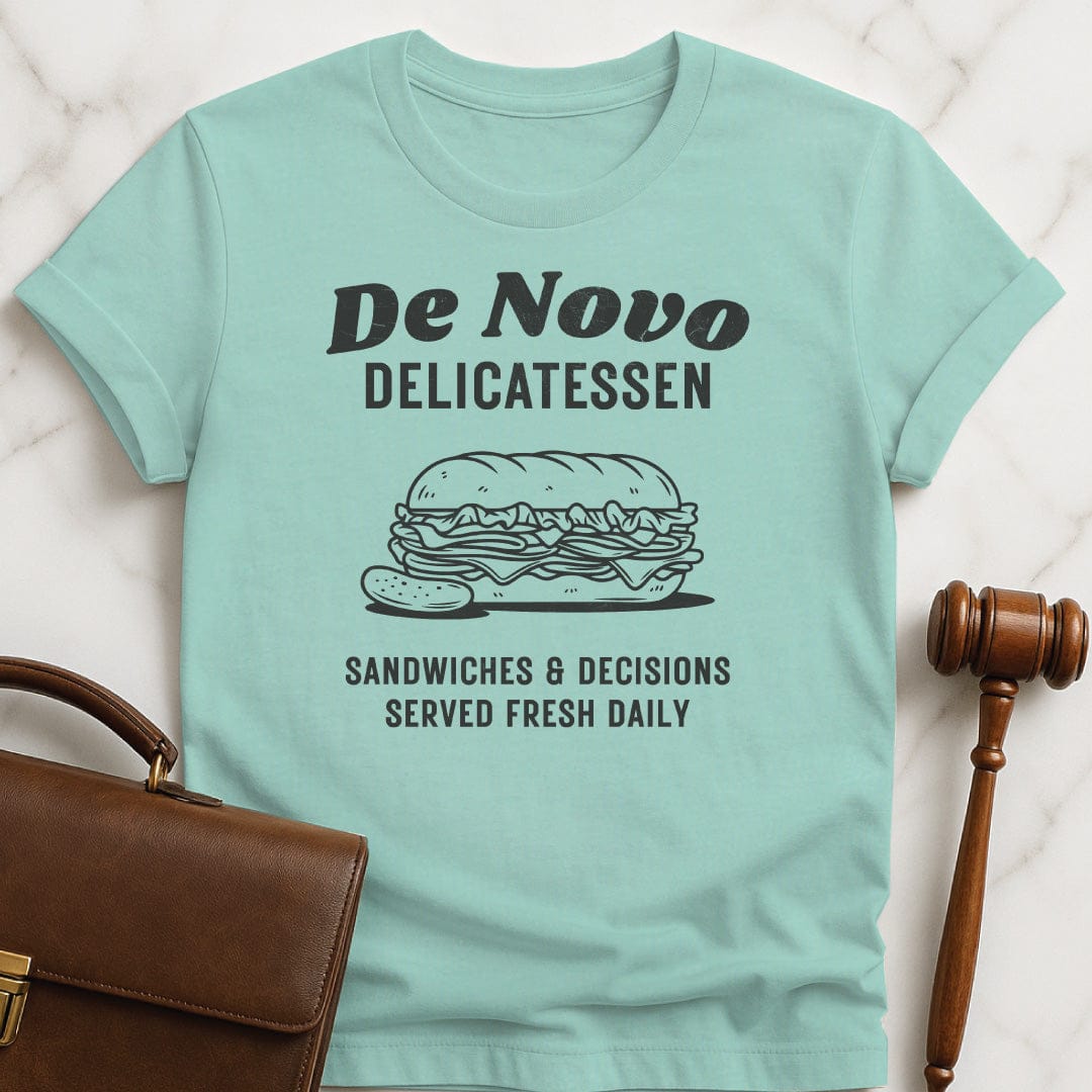 funny law school grad tshirt that says De Novo Delicatessen sandwiches and decisions served fresh daily featuring deli sandwich in heather green