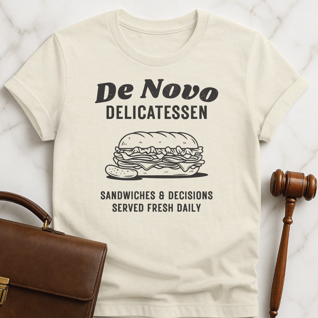 funny attorney tshirt that says De Novo Delicatessen sandwiches and decisions served fresh daily featuring deli sandwich in cream