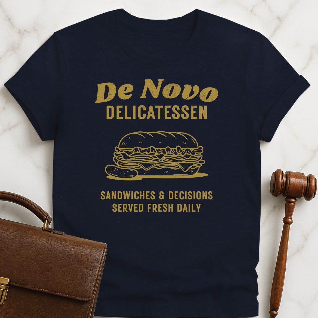 funny attorney t-shirt that says De Novo Delicatessen sandwiches and decisions served fresh daily featuring deli sandwich in blue
