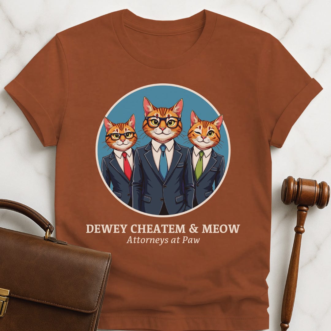 funny attorney tshirt that says dewey cheatem and meow attorneys at paw featuring three cats dressed as lawyers in a circle in brown