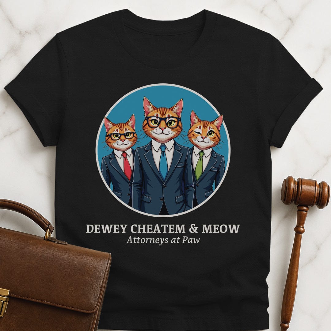 funny law graduate t-shirt that says dewey cheatem and meow attorneys at paw featuring three cats dressed as lawyers in a circle in black
