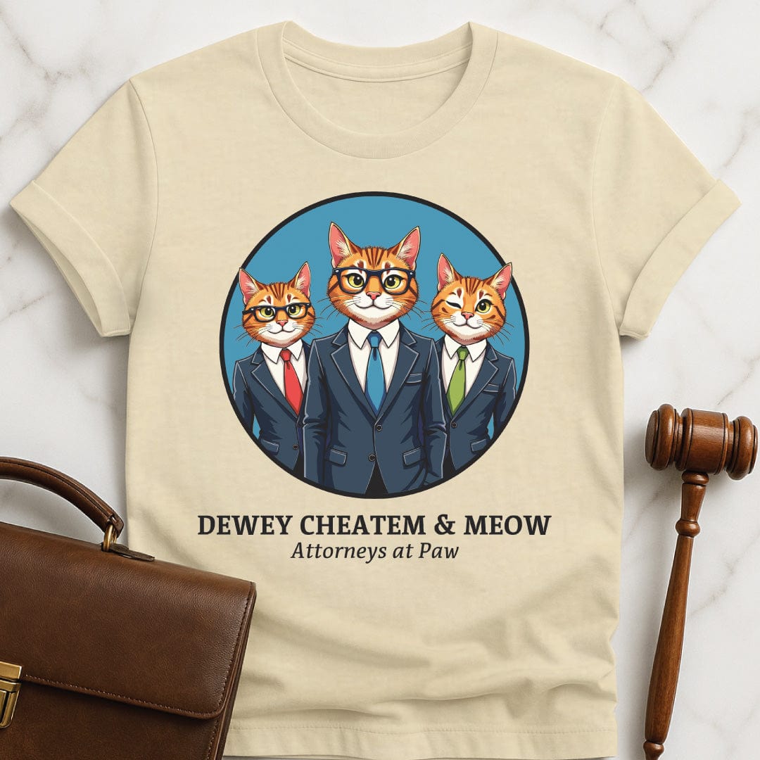 cool lawyer tee that says dewey cheatem and meow attorneys at paw featuring three cats dressed as lawyers in a circle in cream