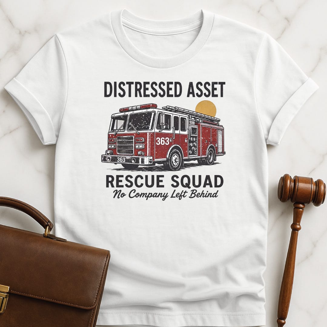 cool lawyer graphic t shirt that says distressed asset rescue squad 363 no company left behind featuring firetruck in white