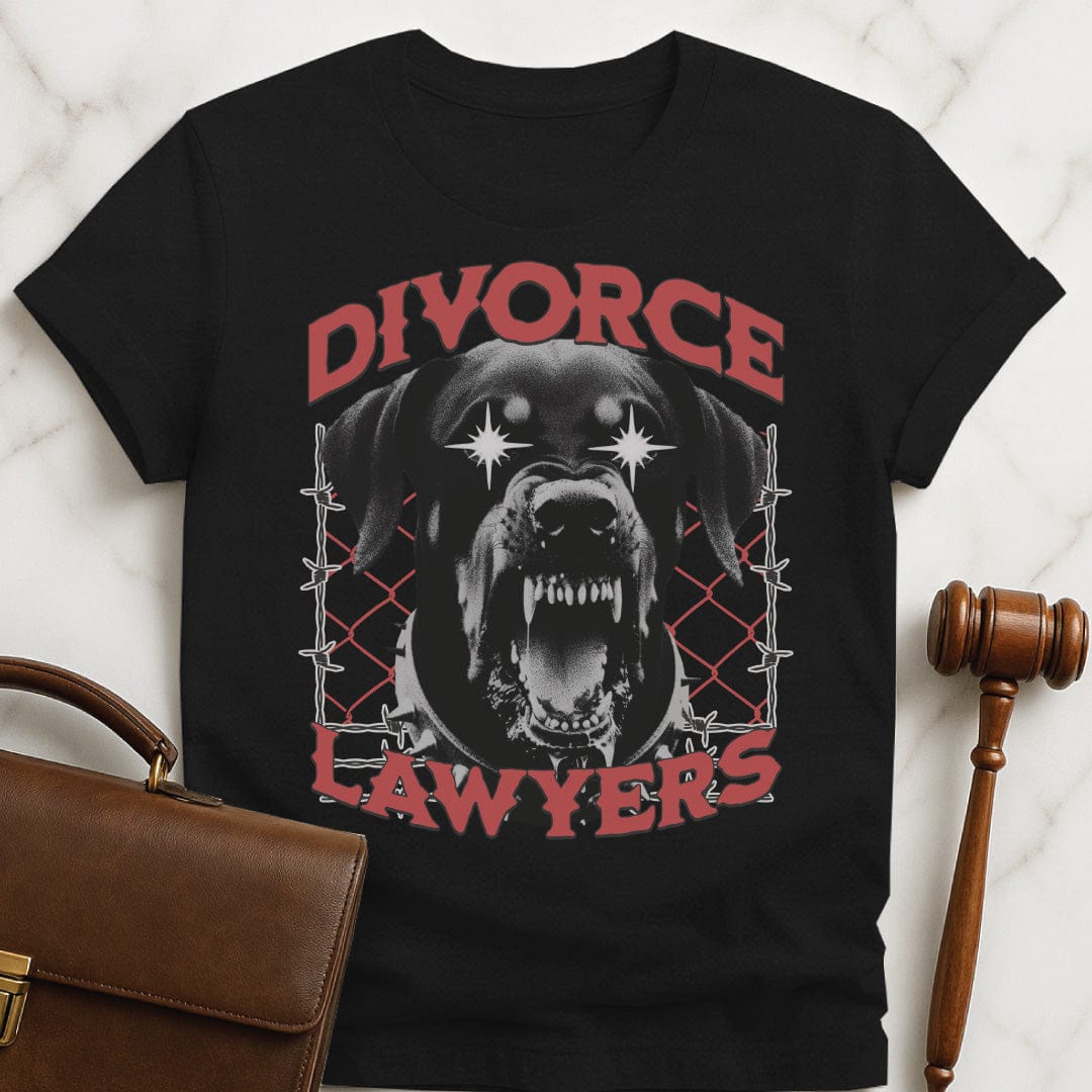 cool law school grad graphic tee that says Divorce lawyers featuring vicious dog and barbed wire in black