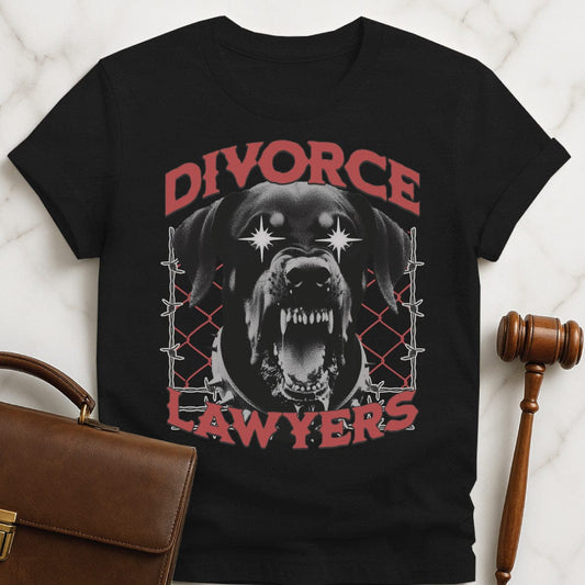 cool law school grad graphic tee that says Divorce lawyers featuring vicious dog and barbed wire in black