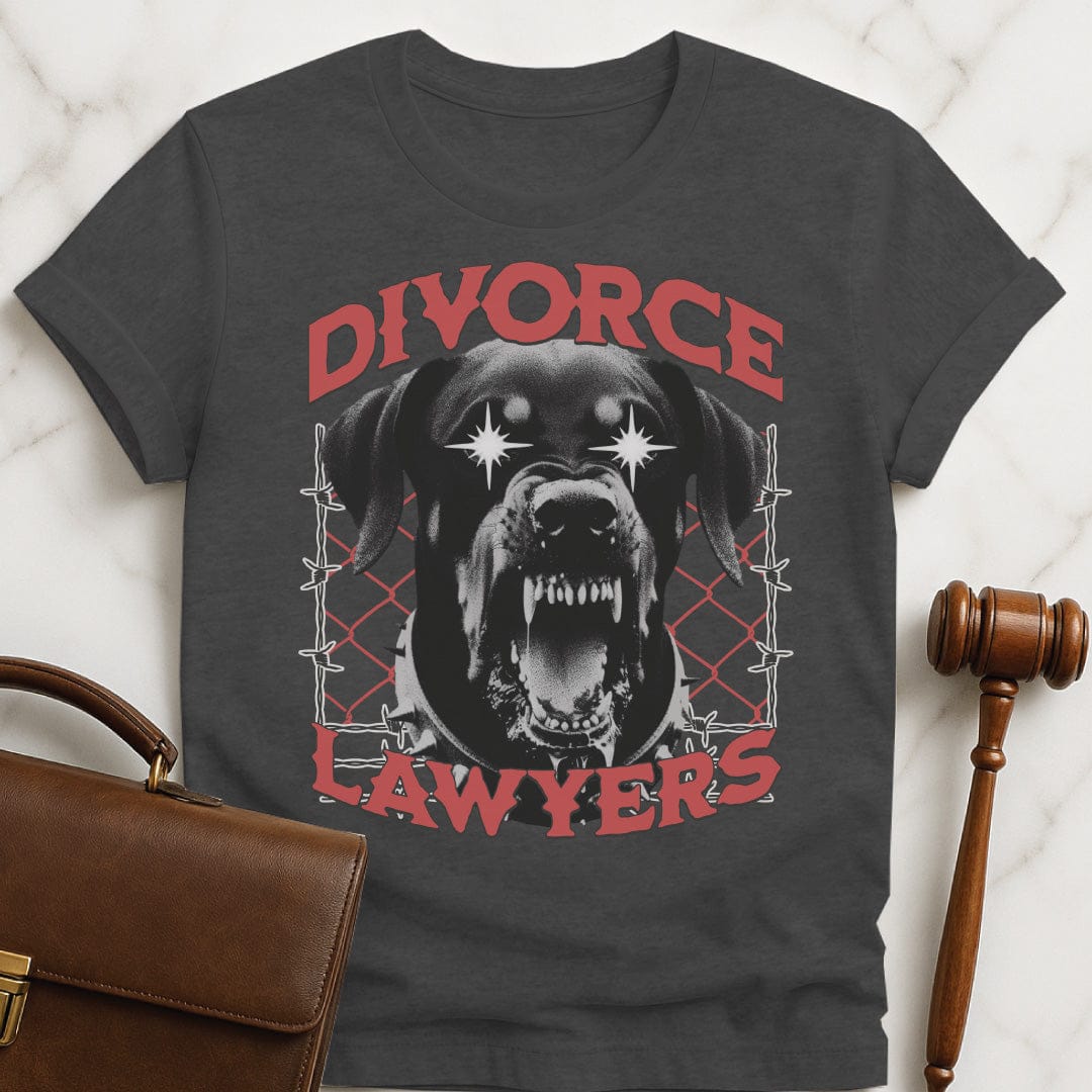 funny law school graduate t-shirt that says Divorce lawyers featuring vicious dog and barbed wire in grey