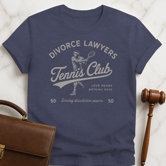 funny new attorney graphic tshirt that says Divorce Lawyers Tennis Club Love Means Nothing featuring tennis player in heather blue