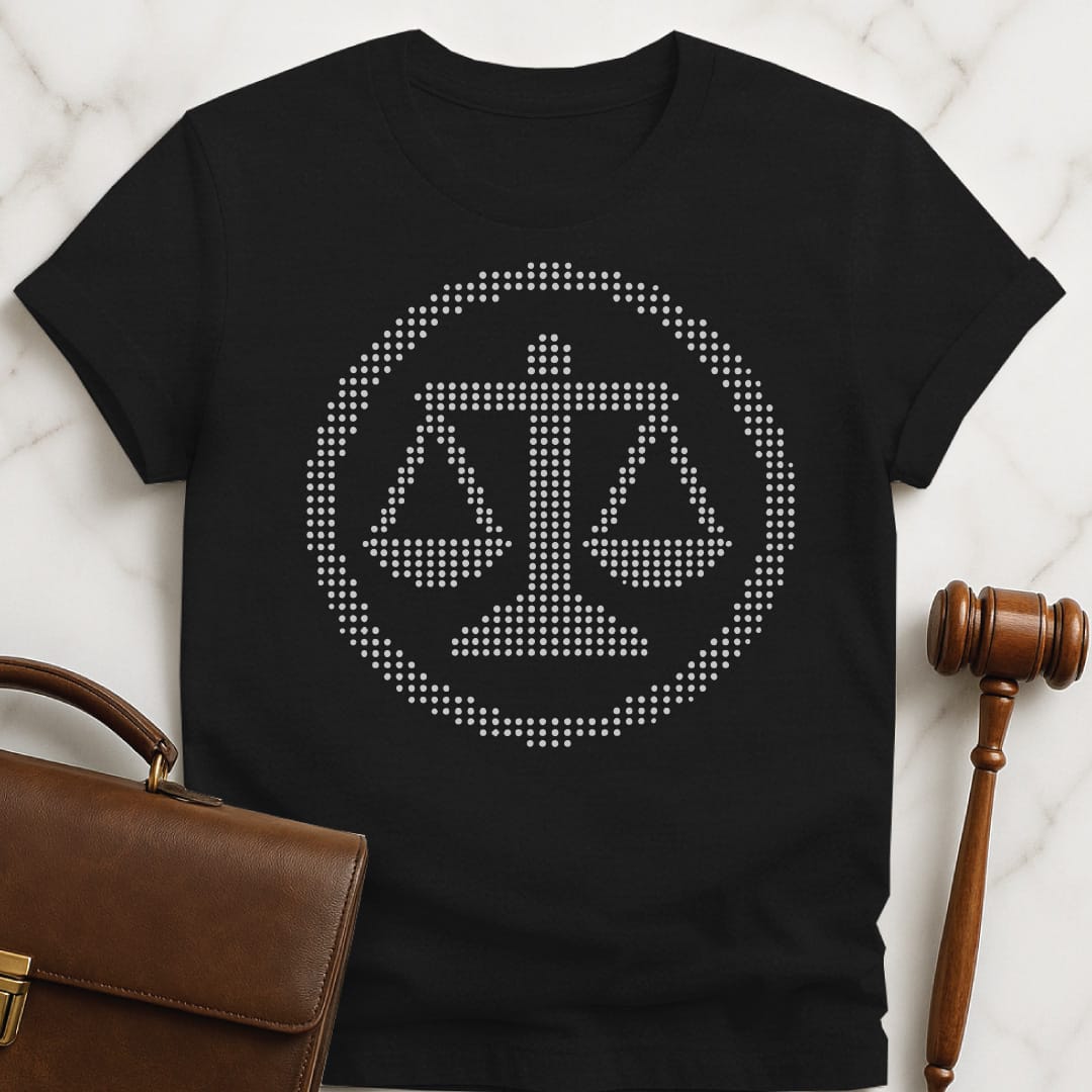 trendy law school grad tee that says scales of justice in a circle with dots in black
