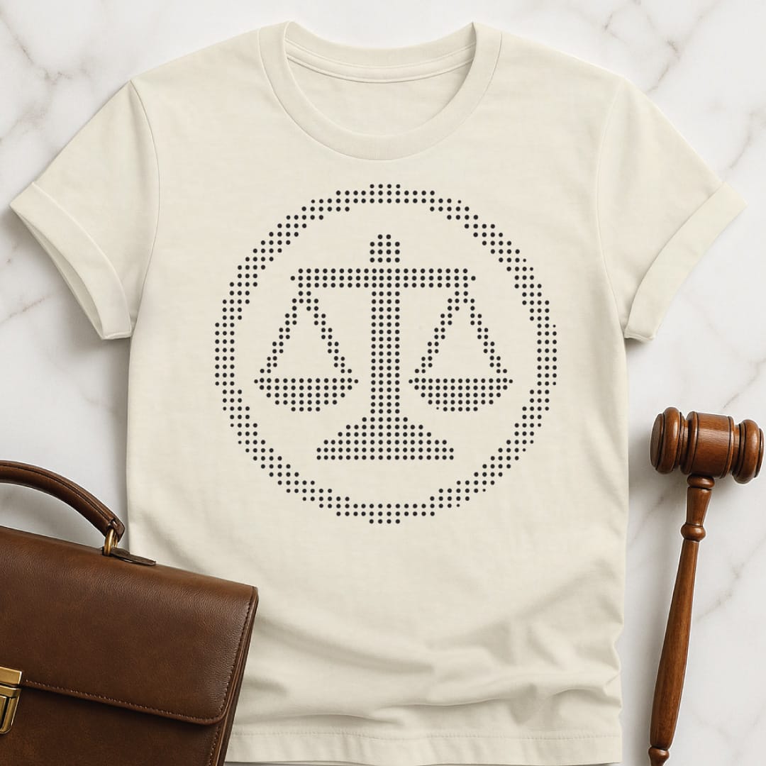 trendy law graduate graphic t shirt that says scales of justice in a circle with dots in cream