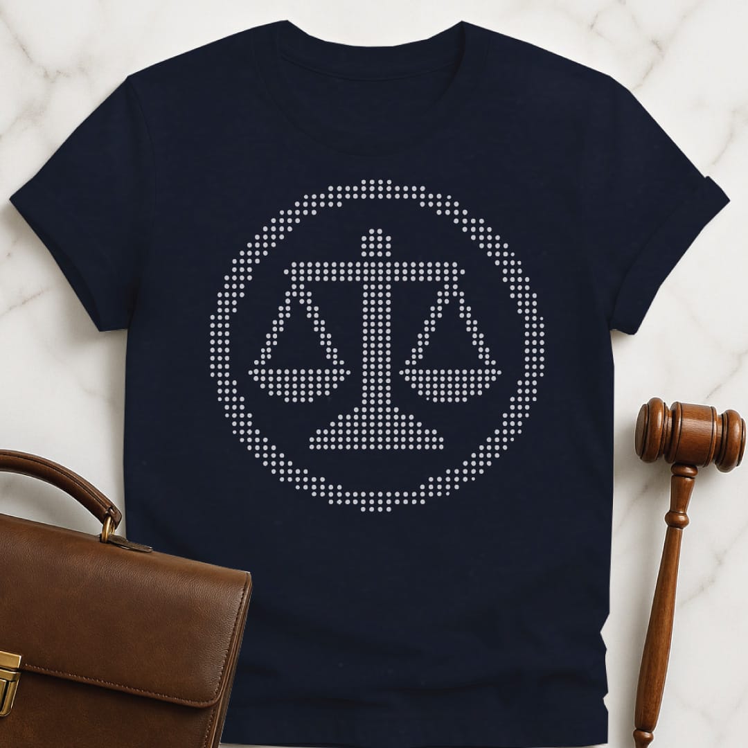 cool new lawyer graphic tshirt that says scales of justice in a circle with dots in blue