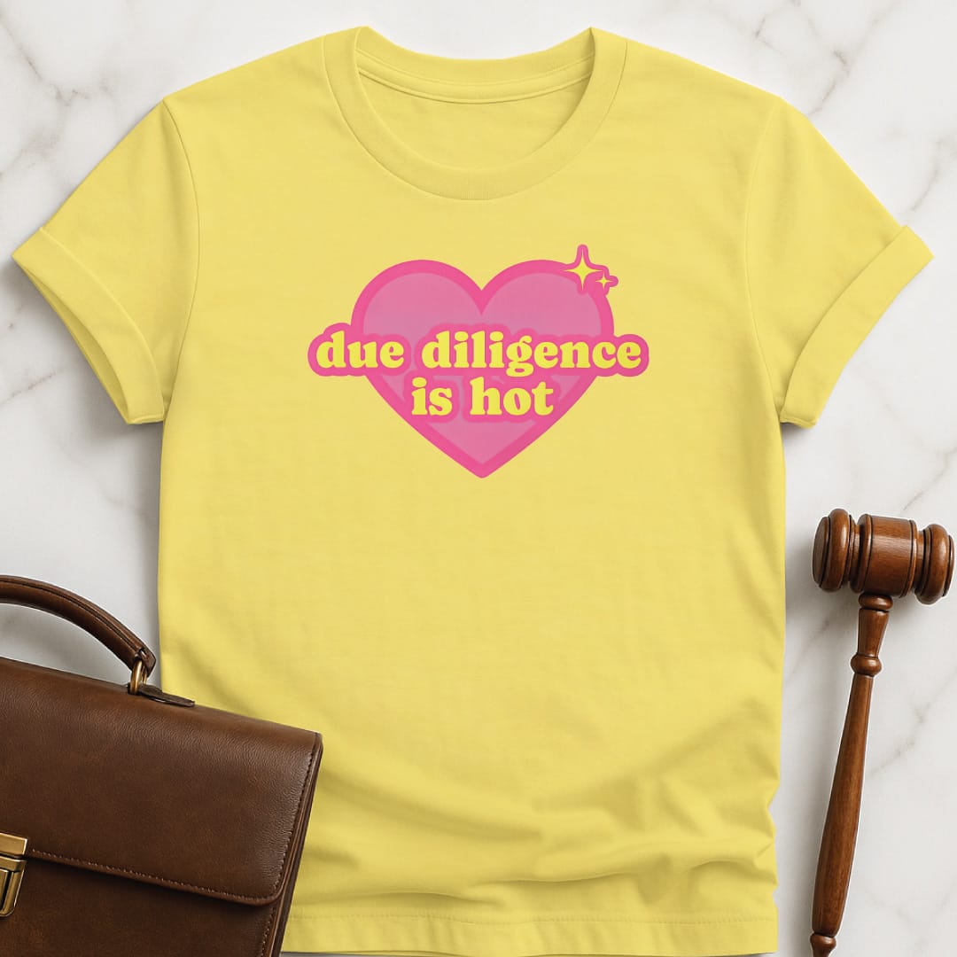 cool law grad t shirt that says Due Diligence Is Hot featuring Y2K heart in yellow