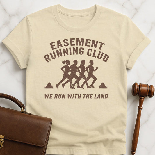 cool lawyer tee that says easement running club run with the land featuring people running in cream
