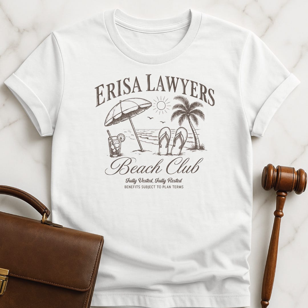 funny new lawyer graphic t-shirt that says erisa lawyers beach club fully vested fully featuring beach scene in white