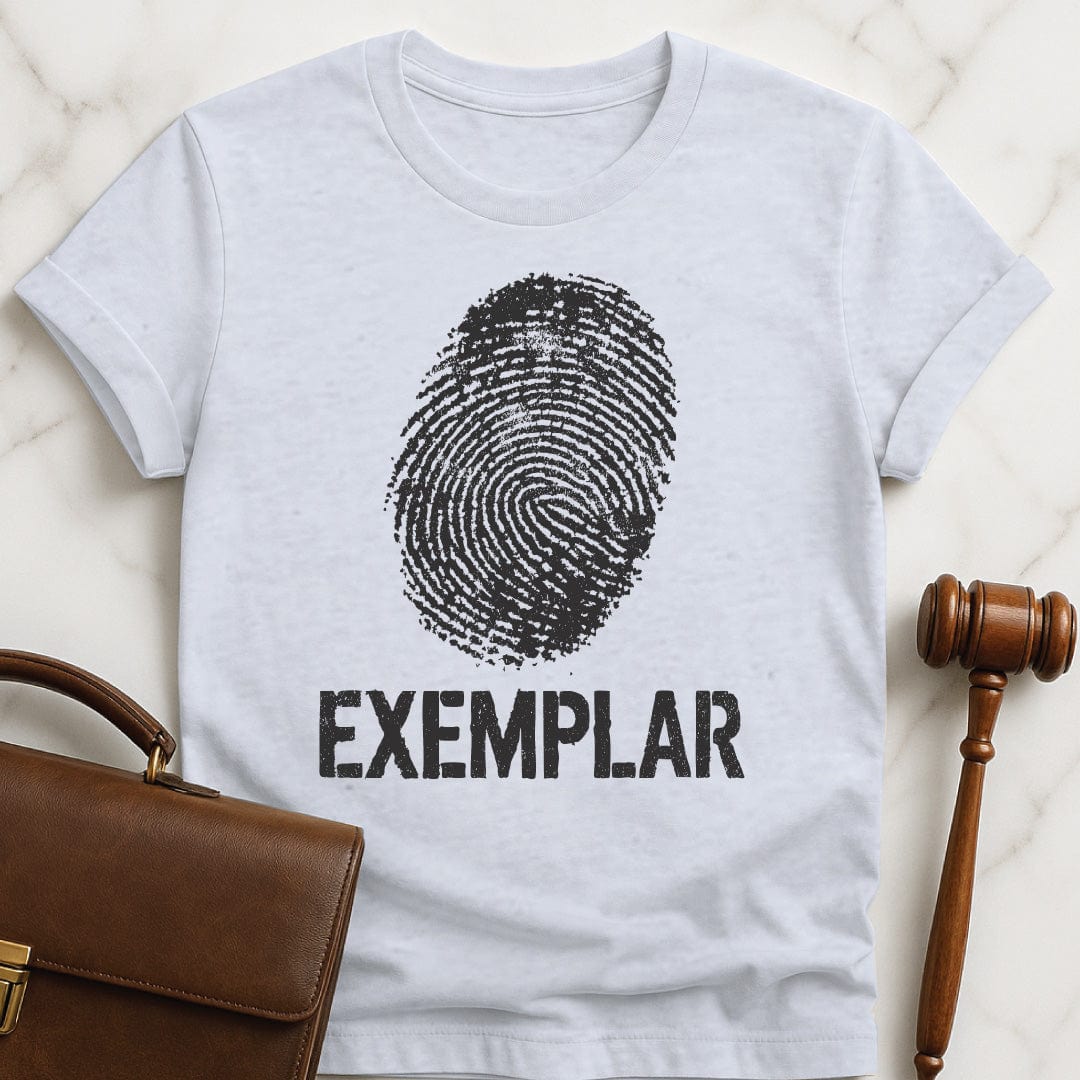 trendy law school graduate t shirt that says Exemplar featuring fingerprint in grey