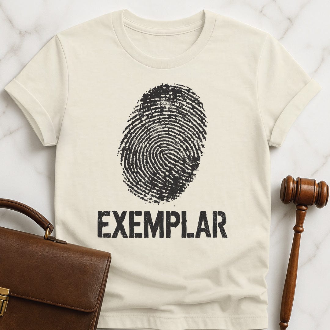 trendy law school t shirt that says Exemplar featuring fingerprint in cream