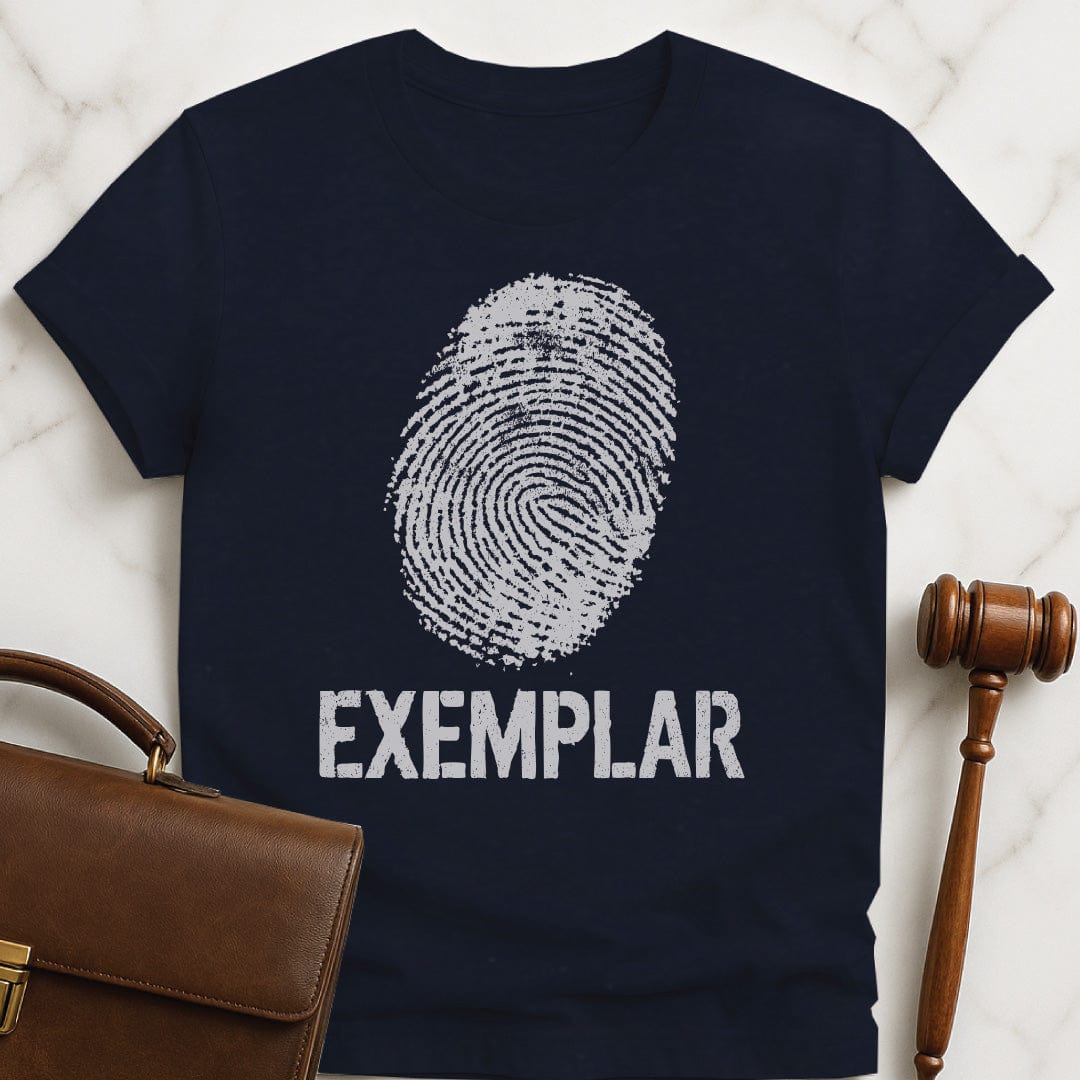 cool new attorney graphic tshirt that says Exemplar featuring fingerprint in blue