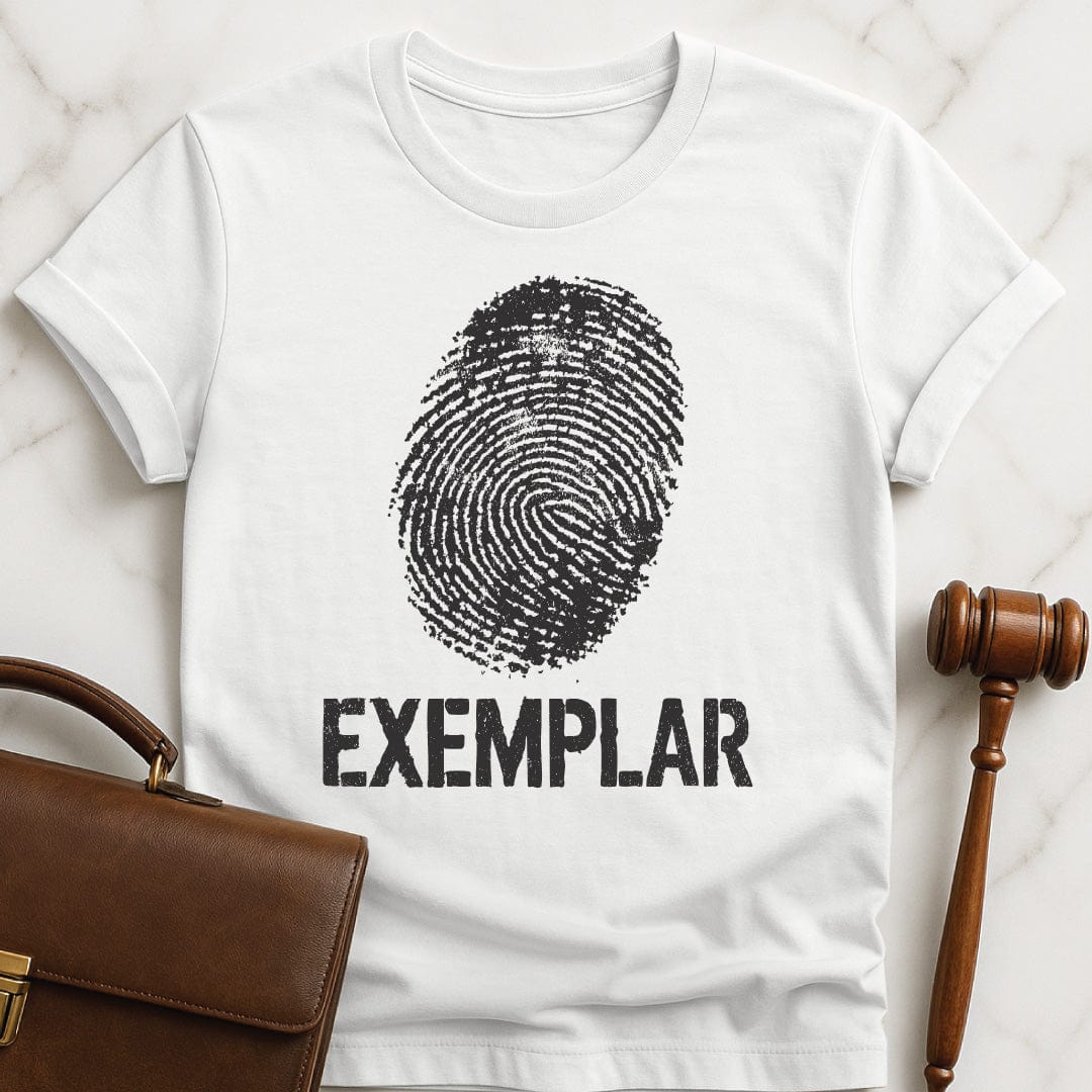 trendy law school graduate tee that says Exemplar featuring fingerprint in white
