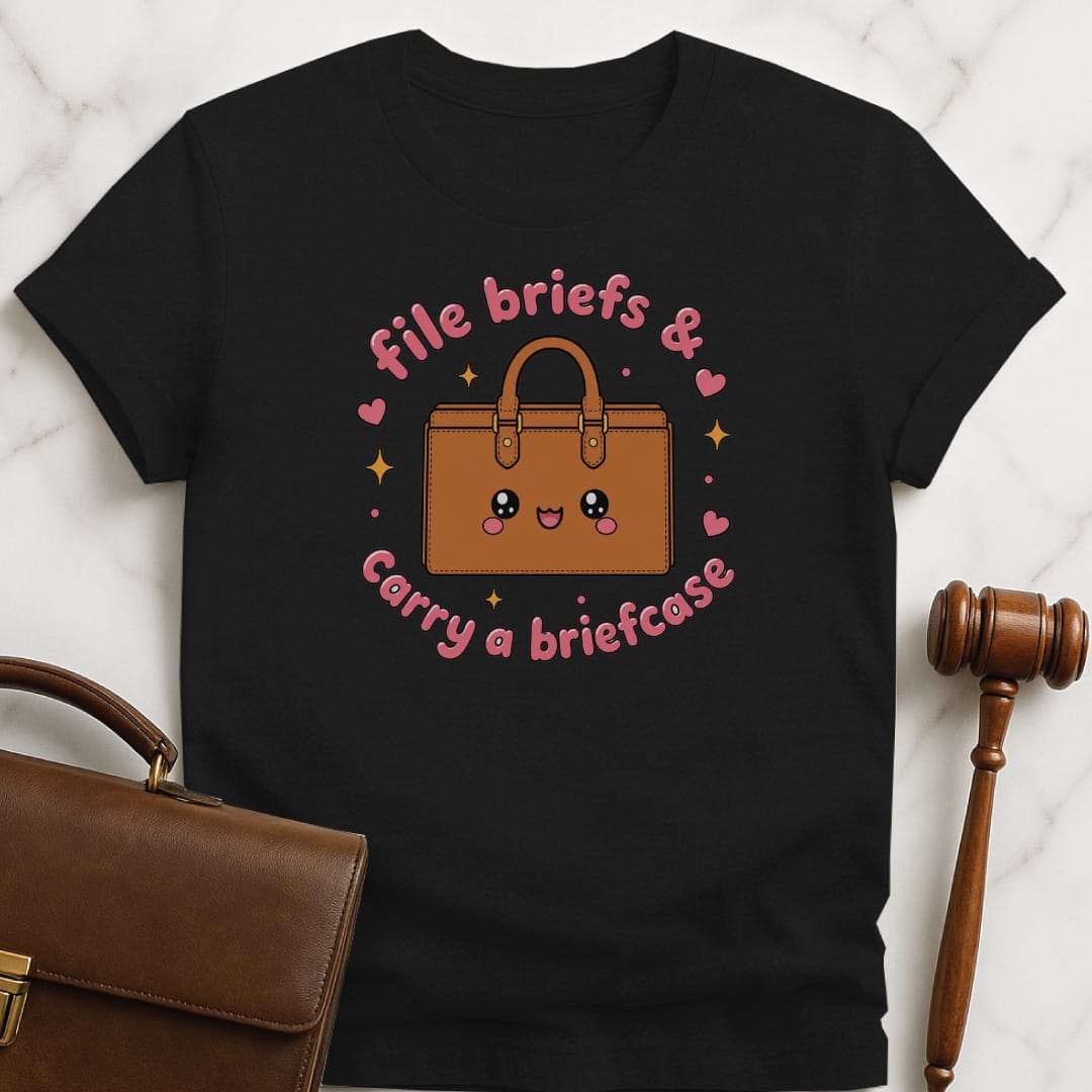 cute law school graphic t-shirt that says File briefs and carry a briefcase featuring kawaii briefcase with stars and hearts in black