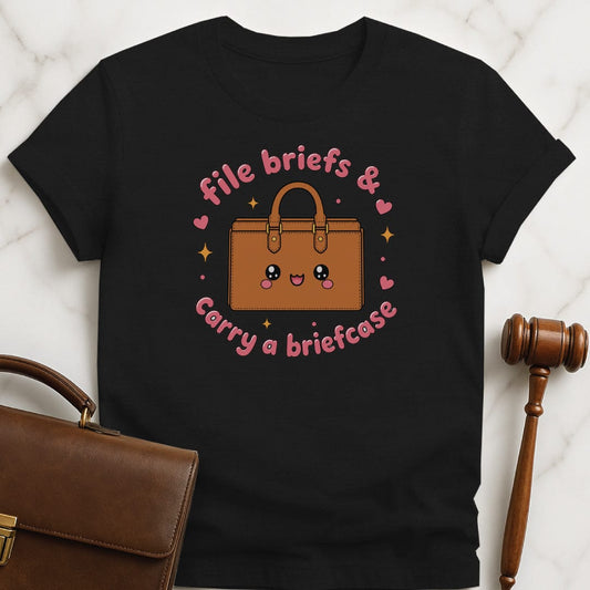 cute law school graphic t-shirt that says File briefs and carry a briefcase featuring kawaii briefcase with stars and hearts in black