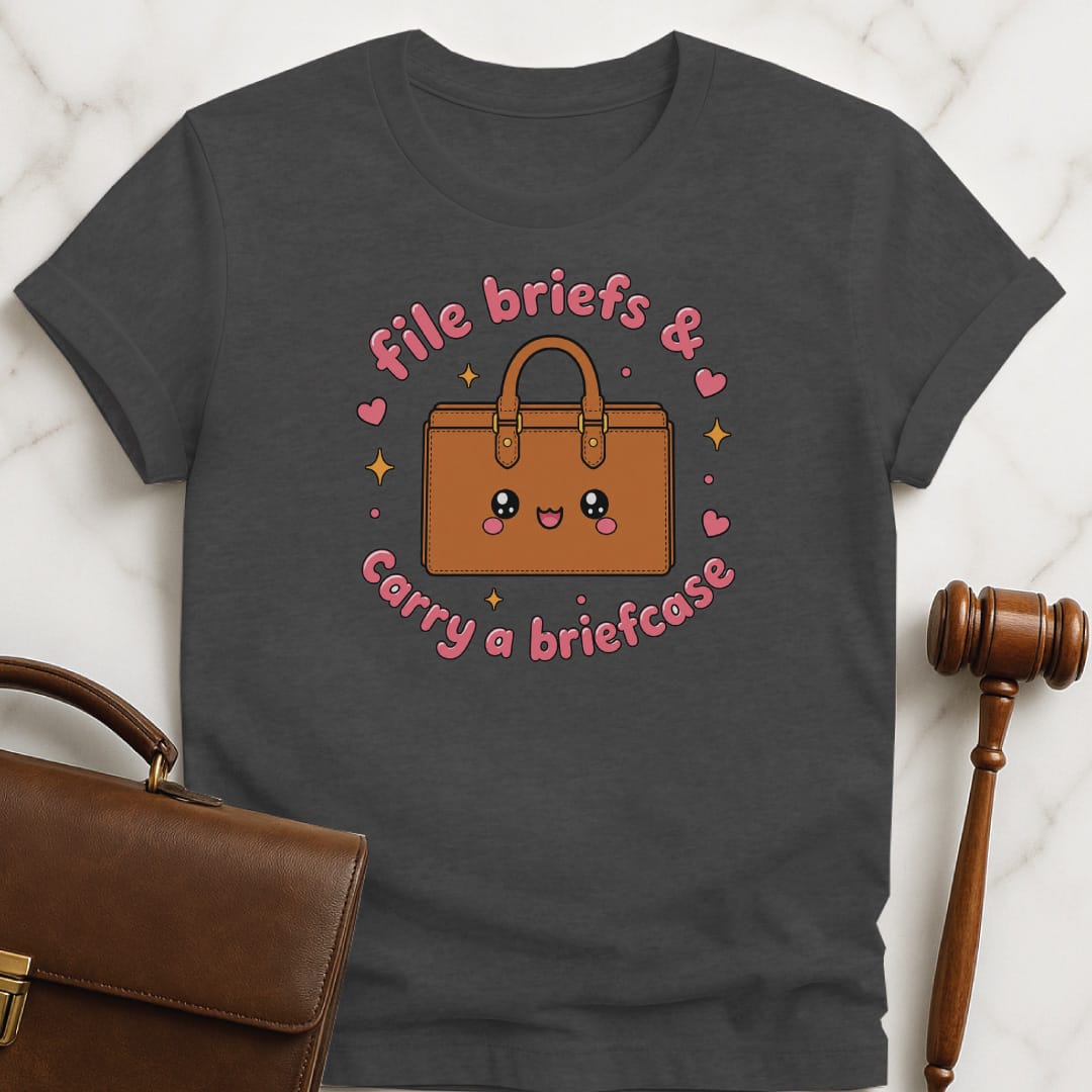 cool law student graphic t shirt that says File briefs and carry a briefcase featuring kawaii briefcase with stars and hearts in grey