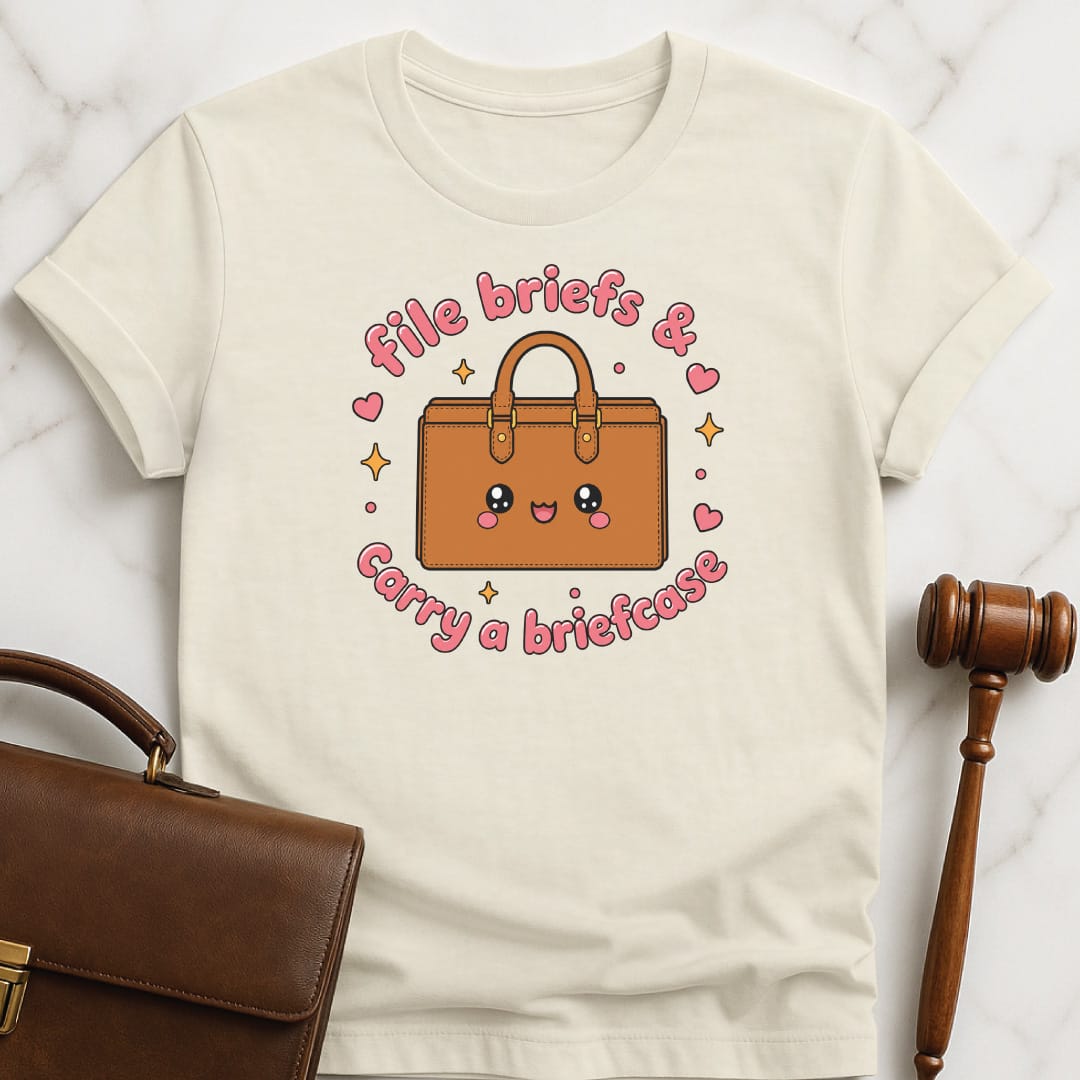 cute law grad graphic tshirt that says File briefs and carry a briefcase featuring kawaii briefcase with stars and hearts in cream