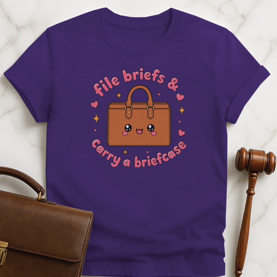 cool law school grad graphic tee that says File briefs and carry a briefcase featuring kawaii briefcase with stars and hearts in purple