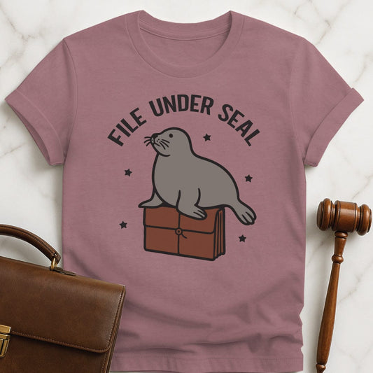 cute attorney graphic tshirt that says file under seal featuring a seal sitting on top of a redwell in heather mauve