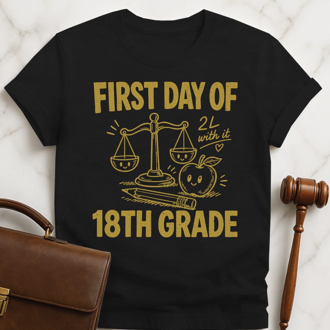 retro law student graphic tee that says First Day of 18th Grade 2L with it featuring apple scales of justice pencil and a heart in black