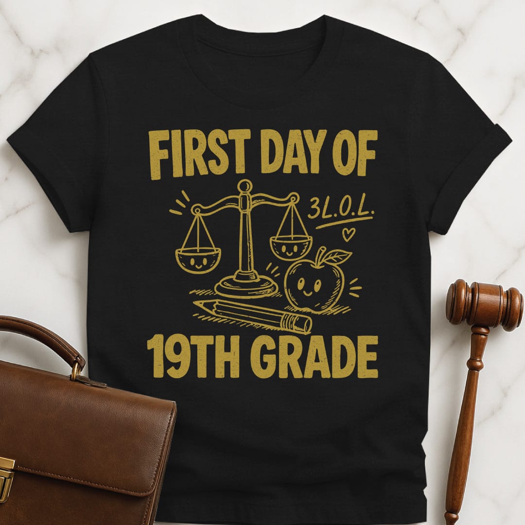 unique law student tee that says First Day of 19th Grade 3LOL featuring apple scales of justice pencil and a heart in black