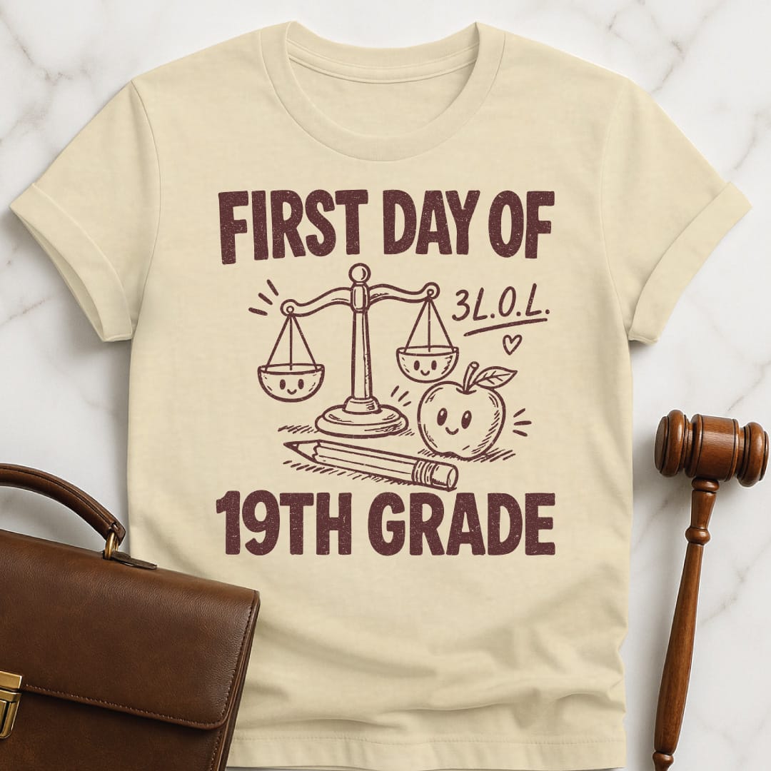 funny law school graphic tshirt that says First Day of 19th Grade 3LOL featuring apple scales of justice pencil and a heart in cream