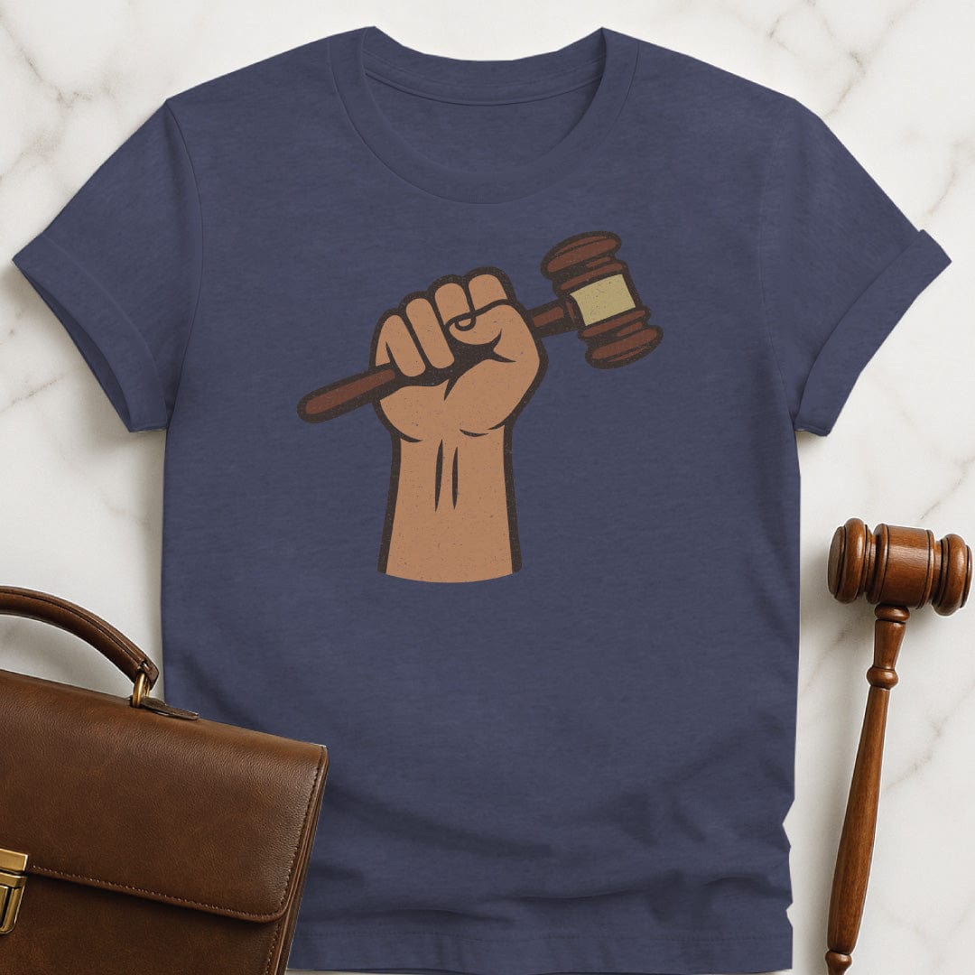 cool law grad tee featuring a fist holding a gavel in heather blue