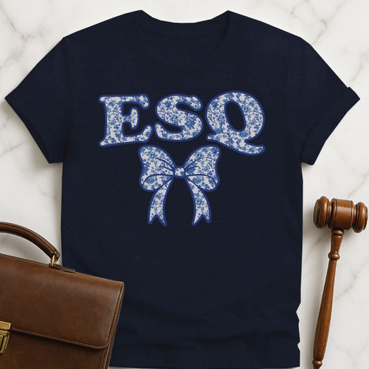 cool law school graphic t shirt that says Esq featuring a blue floral pattern in blue