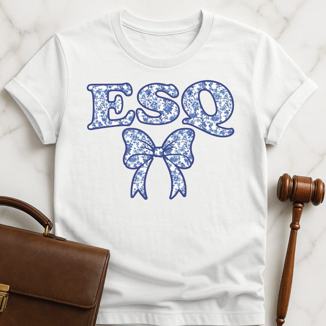 cute law student graphic t-shirt that says Esq featuring a blue floral pattern in white