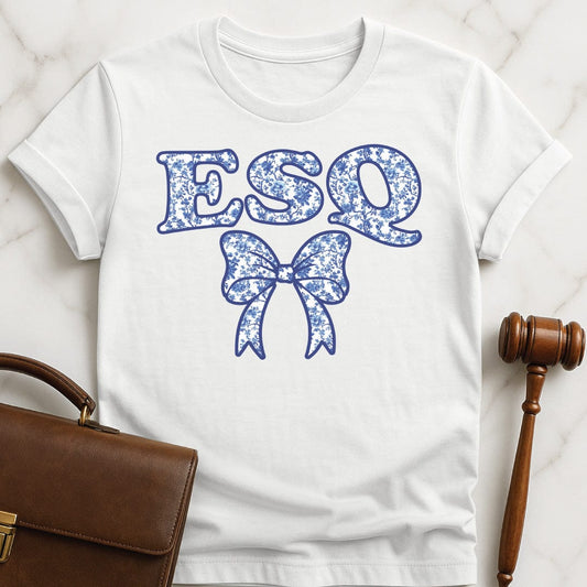 cute law student graphic t-shirt that says Esq featuring a blue floral pattern in white