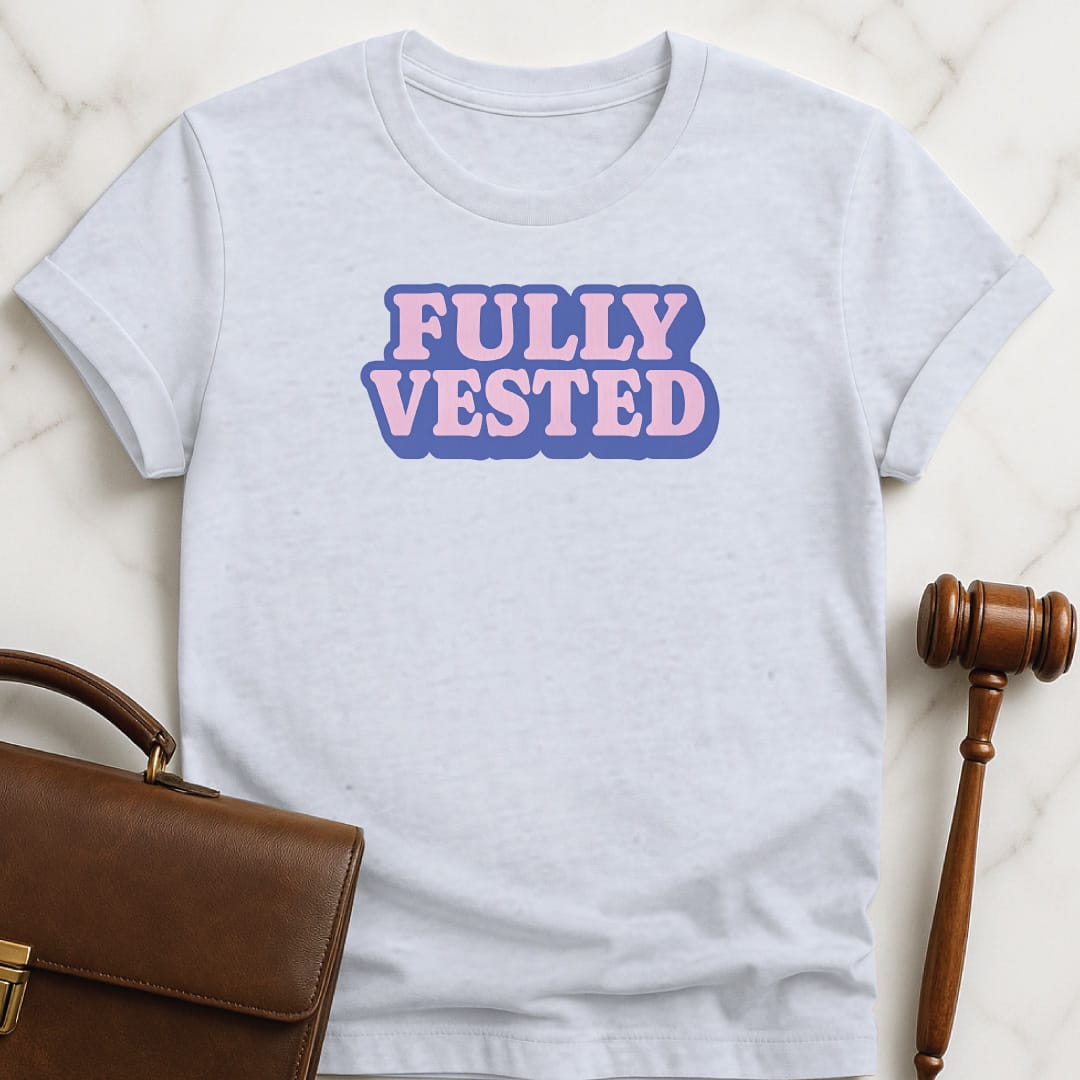 cool new lawyer graphic tee that says Fully vested featuring purple y2k bubble font in grey