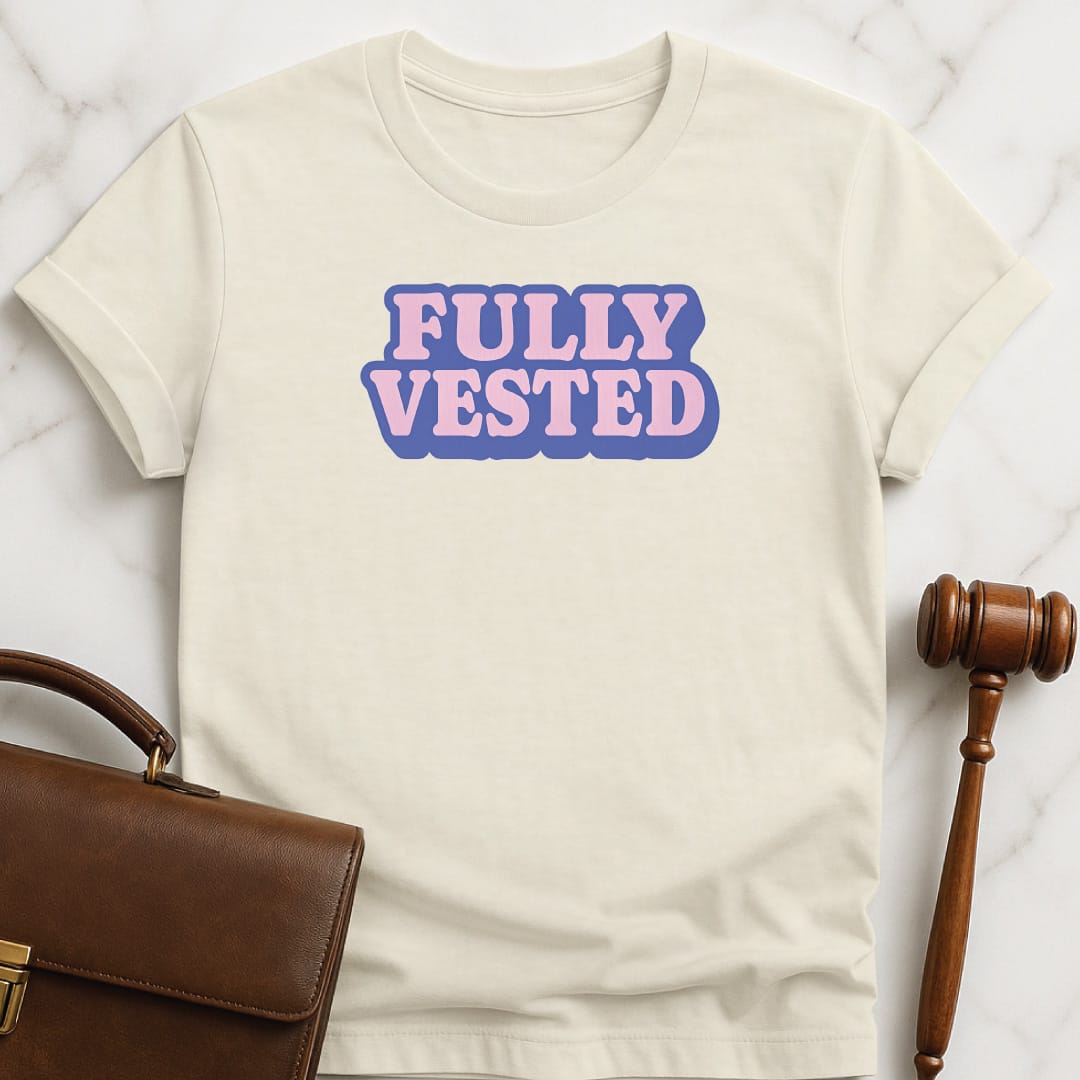 cool law school graduate graphic t shirt that says Fully vested featuring purple y2k bubble font in cream