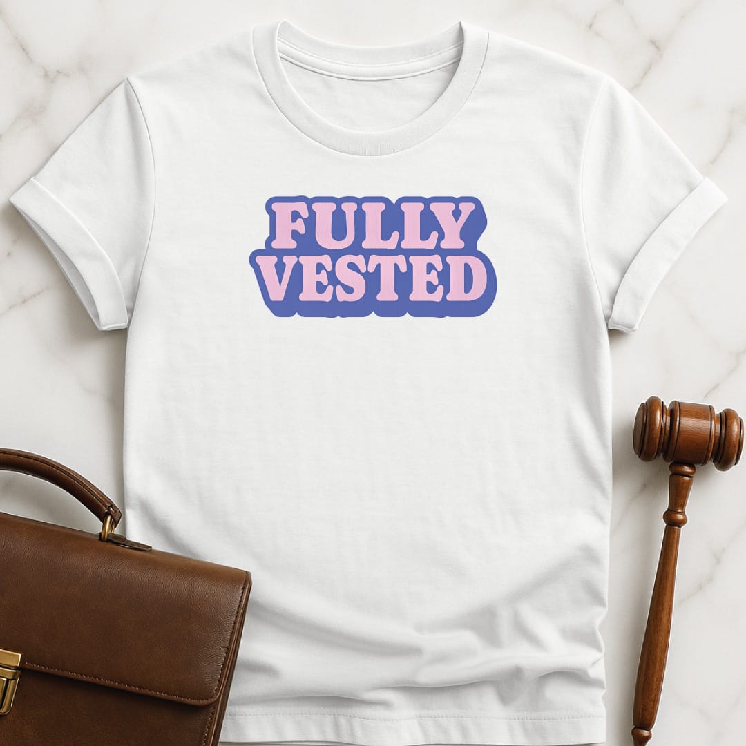 funny law graduate graphic tshirt that says Fully vested featuring purple y2k bubble font in white