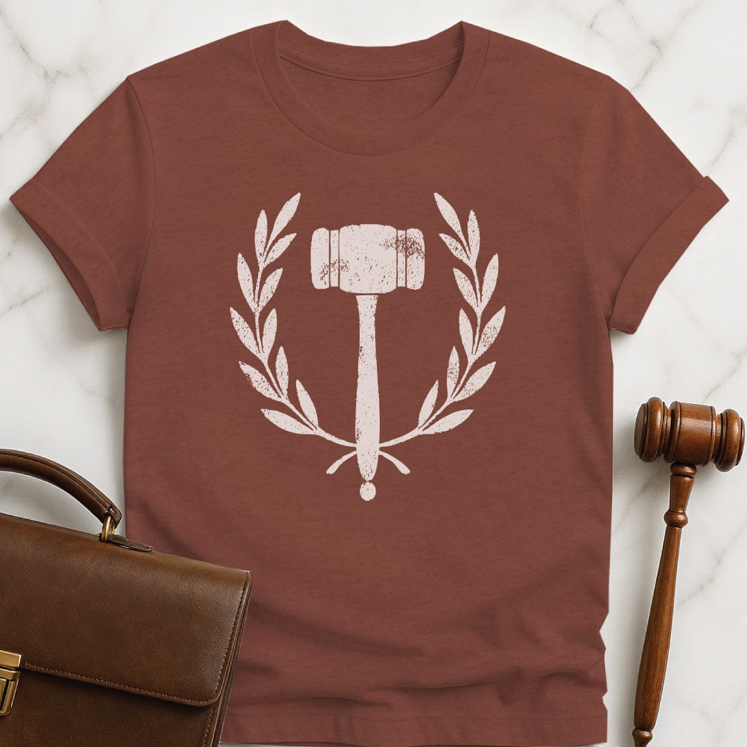 trendy law school tee featuring gavel inside an ivy crest in heather brown