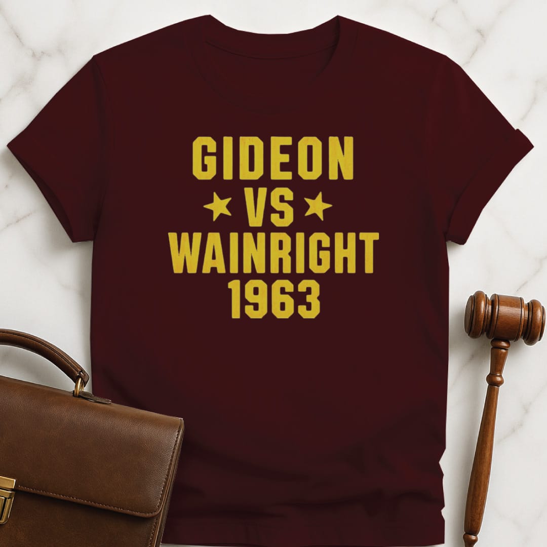 cool law graduate graphic t-shirt that says gideon v wainright 1963 featuring stars in brown