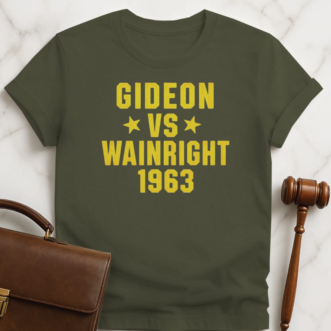 trendy lawyer graphic tee that says gideon v wainright 1963 featuring stars in green